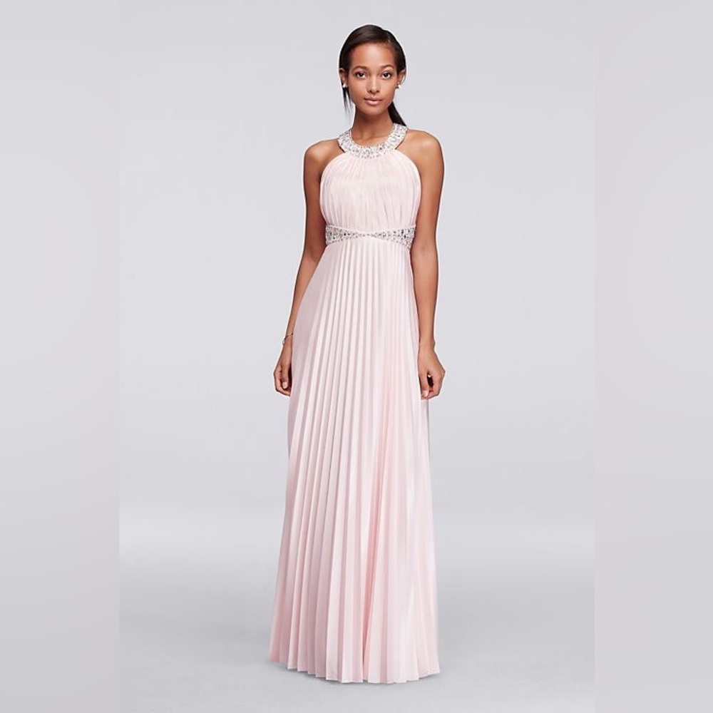 Beaded strappy back halter prom dress with pleats. Blush.